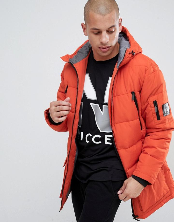 Nicce Long Line Puffer Jacket In Orange With Hood - Orange