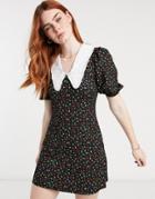 Miss Selfridge Fit And Flared Dress With Collar In Floral-black