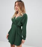 Asos Design Petite Casual Wrap Mini Dress-green