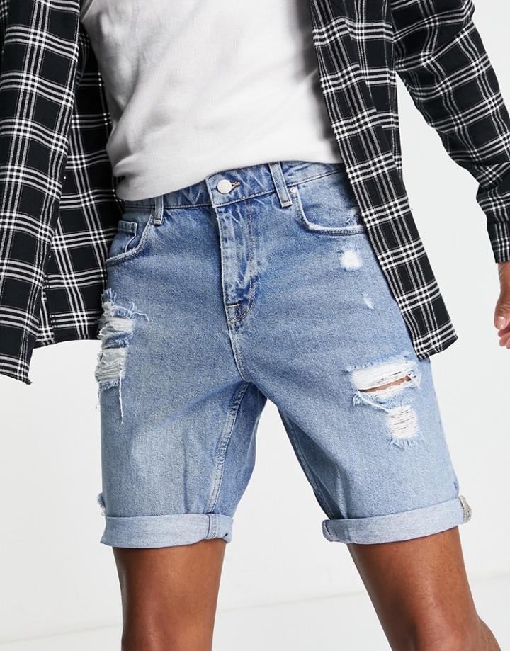 Asos Design Slim Denim Shorts In Mid Blue Wash With Rips