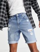 Asos Design Slim Denim Shorts In Mid Blue Wash With Rips