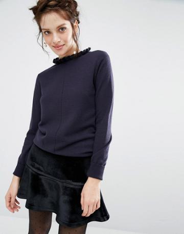 Willow And Paige Shrunken Sweater With Frill Collar - Navy