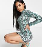 I Saw It First Petite Highneck Body-conscious Slinky Dress In Graphic Print-multi