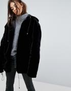 Story Of Lola Oversized Zip Front Hooded Jacket In Faux Fur - Black
