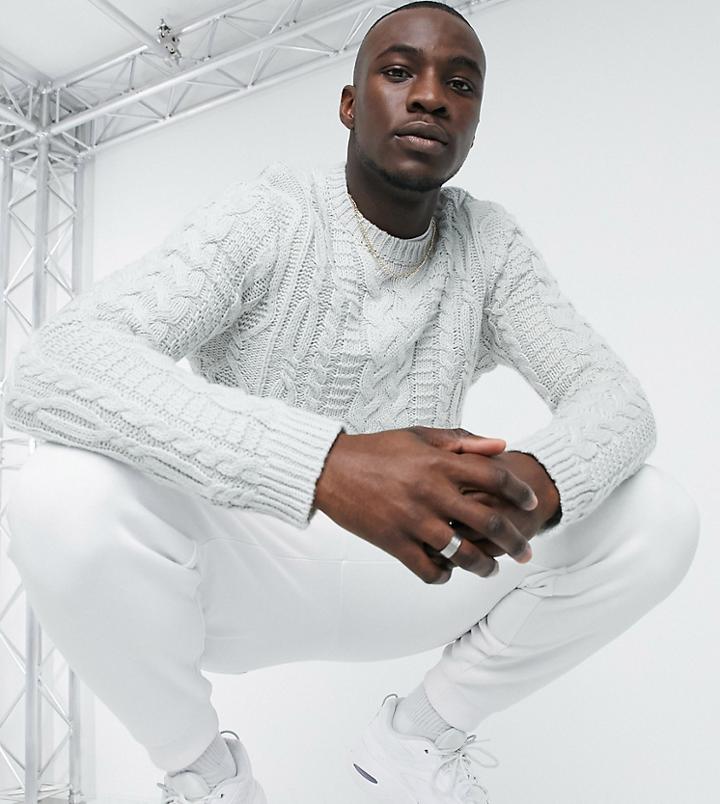 Asos Design Tall Heavyweight Cable Knit Crew Neck Sweater In Light Gray-grey
