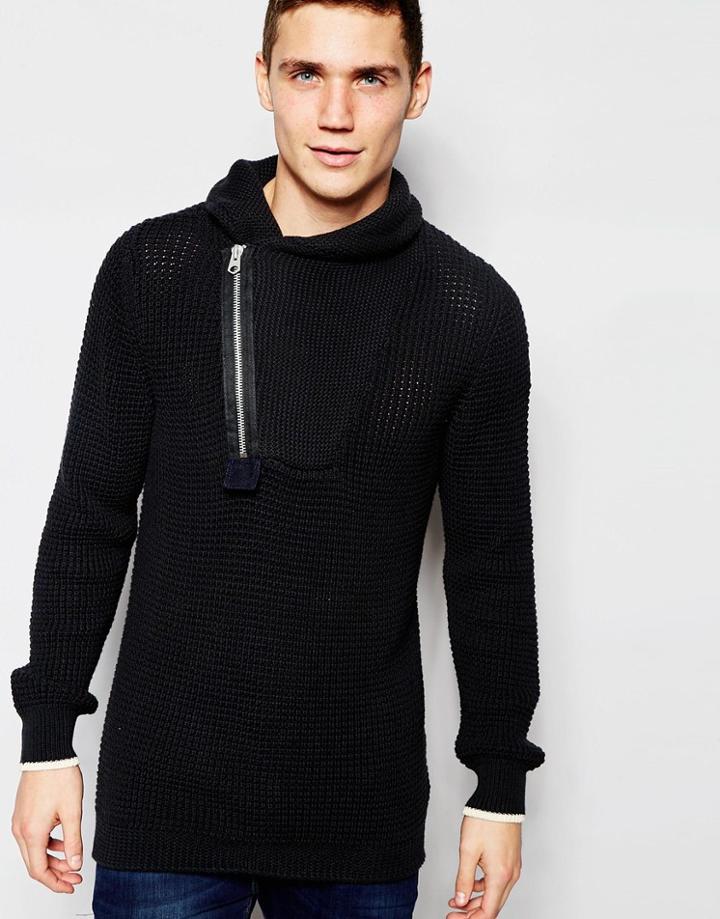 G-star Shawl Knit Sweater Filler Aero Zip Neck In Black/mazarine Blue