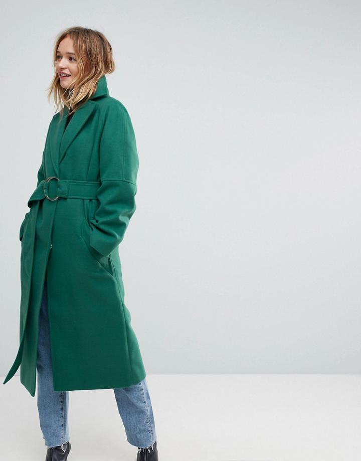 Asos Green D Ring Belted Long Coat - Green