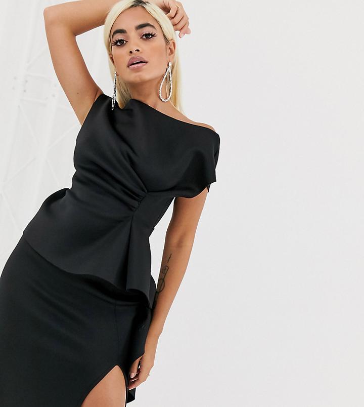 Asos Design Petite Midi Dress With Tuck Detail And Pep Hem-black