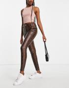 River Island Faux Leather Snakeprint Straight Cut Pants In Brown