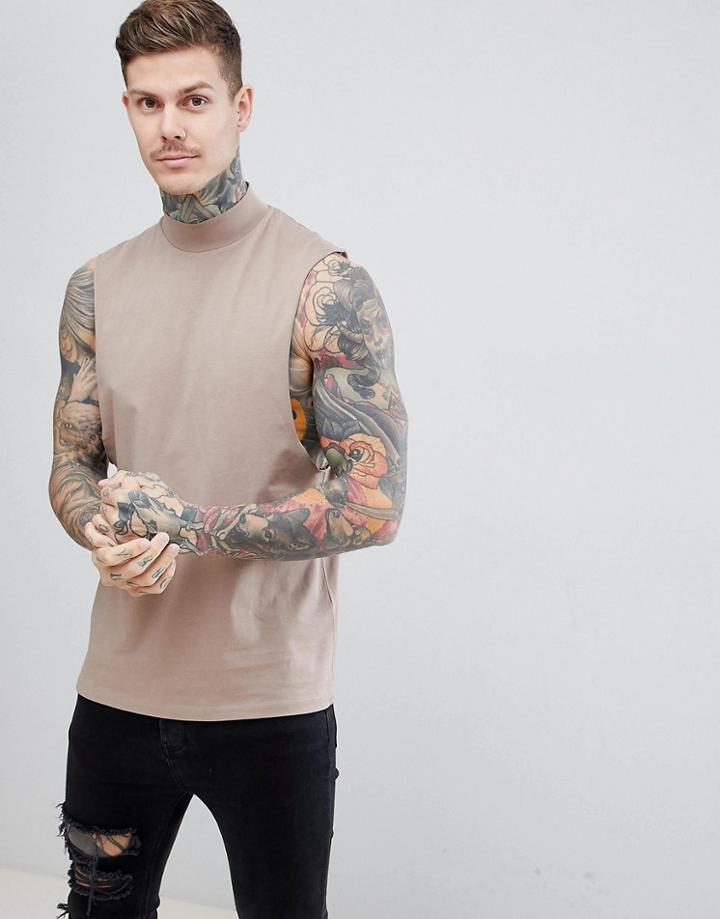 Asos Design Relaxed Tank With Dropped Arm Hole And Chunky Rib Neck - Beige