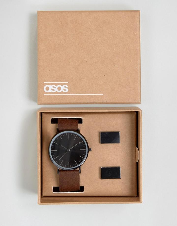 Asos Watch And Cufflink Set In Gunmetal - Gray