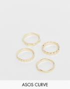 Asos Design Curve Pack Of 4 Rings In Mixed Texture Designs In Gold Tone - Gold