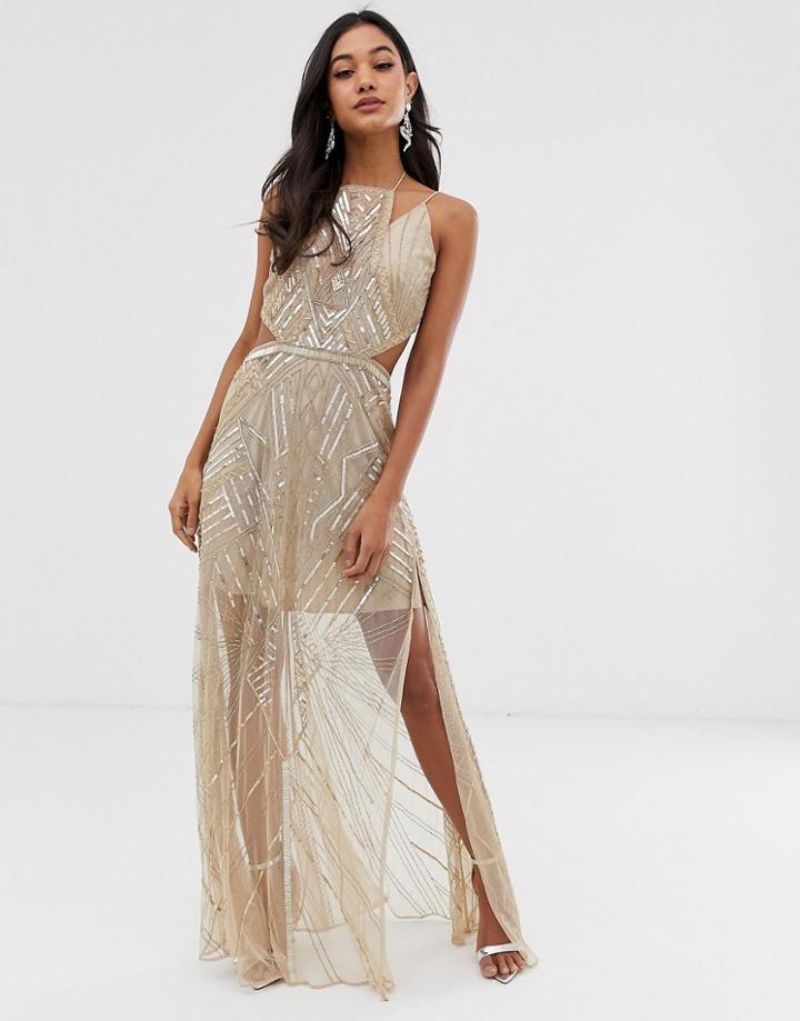Asos Design Maxi Dress With Geometric Embellishment And Sheer Panels - Gold