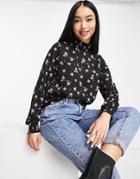 Pieces Fanine Long Sleeve High Neck Jersey Top In Black Flower Print-multi