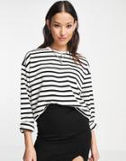 Pull & Bear Long Sleeve Oversized T-shirt With Stripe Detail In White