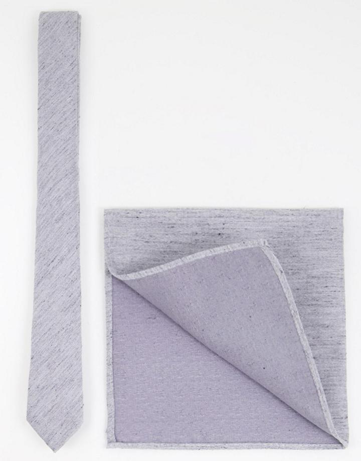 Asos Design Slim Textured Tie And Pocket Square In Gray-grey