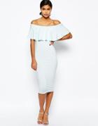 Asos Ruffle Off Shoulder Bardot Pencil Midi Dress - Pale Blue