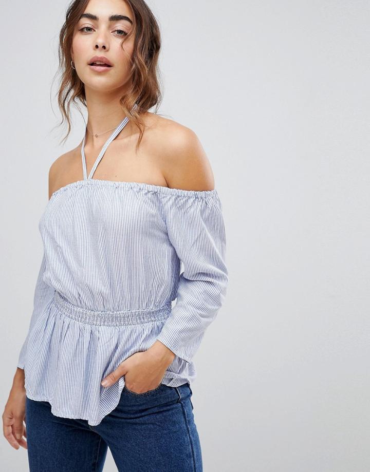 Warehouse Pinstripe Bardot Halter Top - Blue