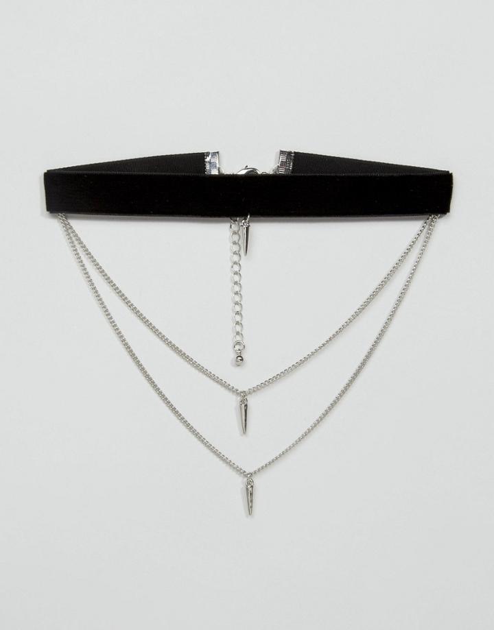 Asos Multirow Velvet Spike Choker Necklace - Rhodium