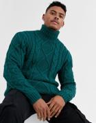 Asos Design Heavyweight Cable Knit Roll Neck Sweater In Green