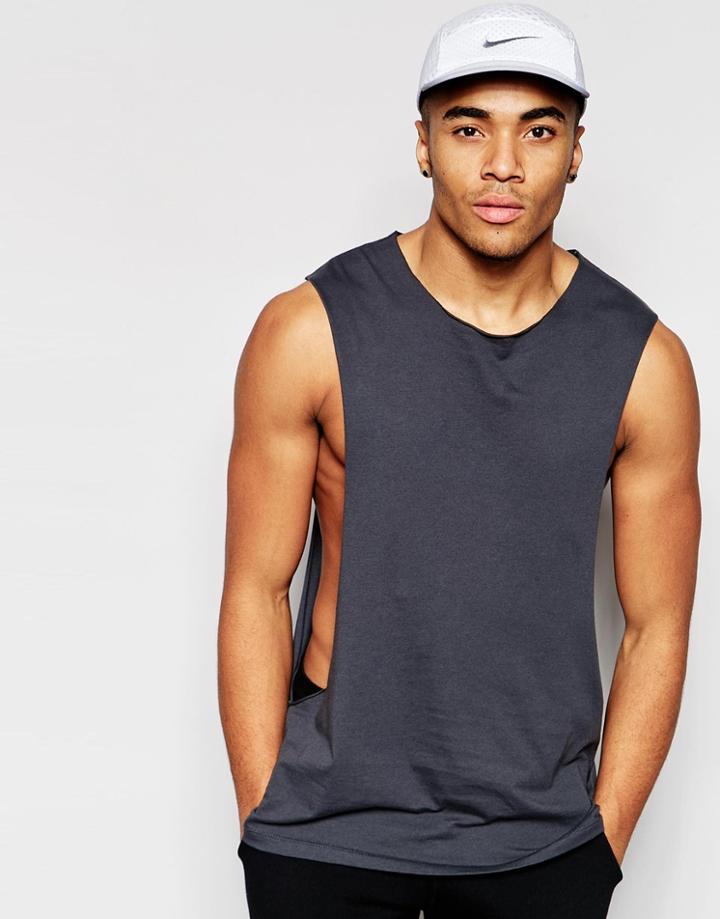 Asos Tank With Extreme Dropped Armhole And Raw Edges In Ebony - Ebony