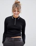 Pull & Bear Zip Front Top In Black - Black