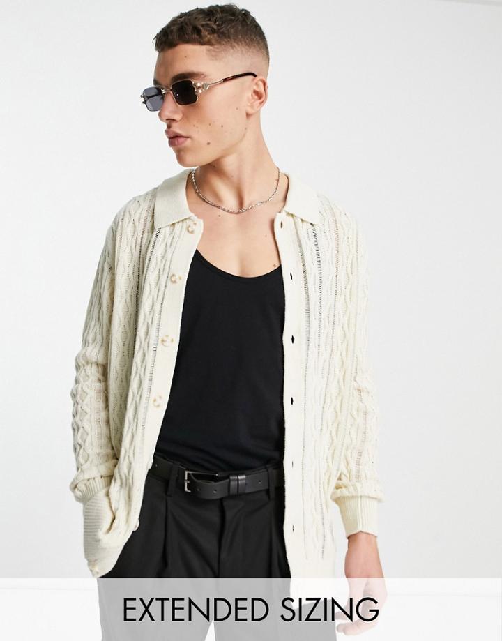 Asos Design Knitted Cable Crochet Button Through Polo In Beige-neutral