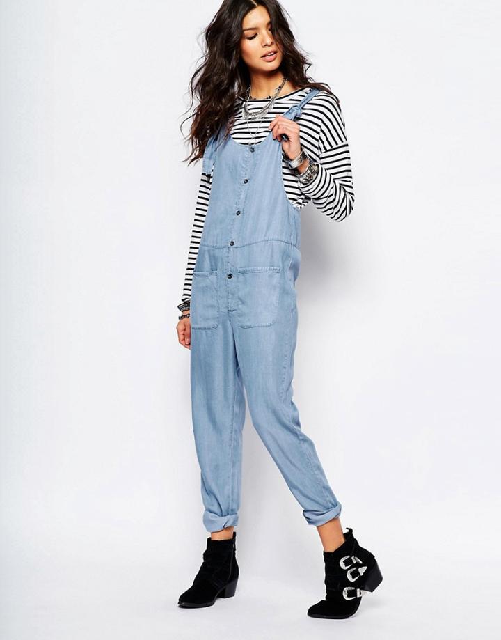 Noisy May Pocket Front Denim Jumpsuit - Blue