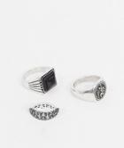 Asos Design 3 Pack Ring Set With Black Stone And Signet In Burnished Silver Tone