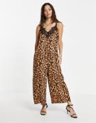 Asos Design Satin Lace Insert Cami Culotte Jumpsuit In Leopard-multi