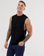 Asos Design Pique Relaxed Sleeveless T-shirt With Dropped Armhole In Black - Black