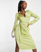 Naana Wrap Satin Shirt Dress In Pistachio Green