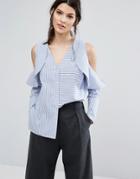 Neon Rose Shirt With Cold Shoulder Ruffles In Stripe - Gray