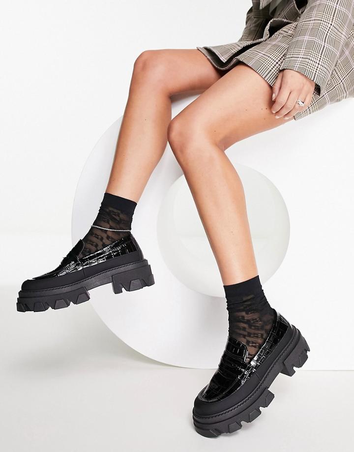 Topshop Lea Chunky Loafer In Black Croc Patent