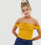 Bershka Ribbed Off The Shoulder Top In Orange - Orange
