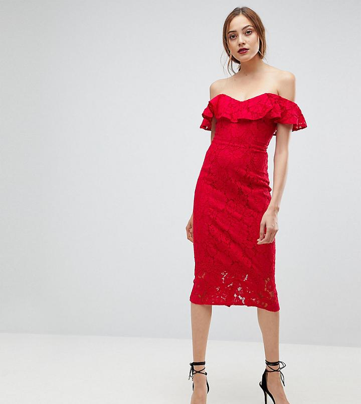 Little Mistress Tall Lace Pencil Dress With Frill Overlay-red