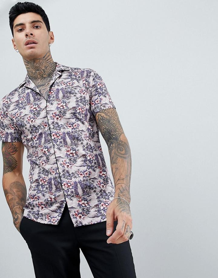 Twisted Tailor Piped Revere Shirt In Pink With Print - Pink