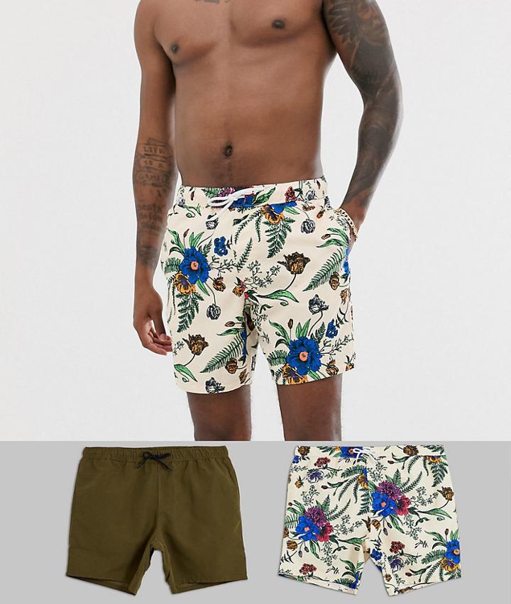Asos Design Swim Shorts In Floral & Khaki Mid Length 2 Pack Multipack Saving