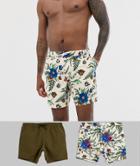 Asos Design Swim Shorts In Floral & Khaki Mid Length 2 Pack Multipack Saving