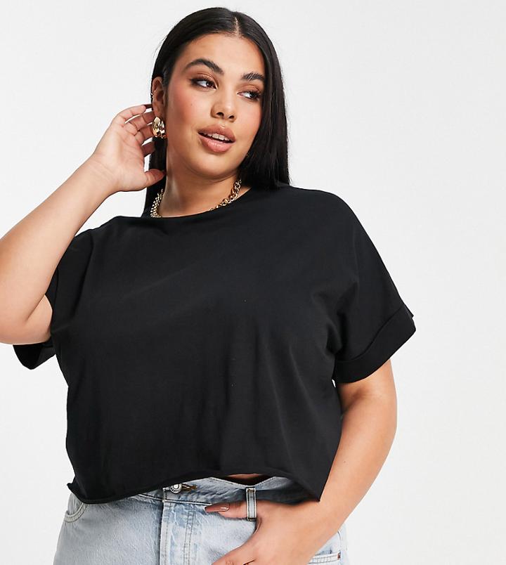 Asos Design Curve Cropped T-shirt With Roll Sleeve In Black