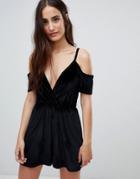 Asos Design Velvet Cami Romper With Cold Shoulder - Black