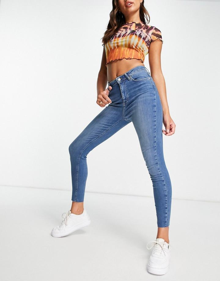 Na-kd Organic Cotton Skinny Highwaist Jeans With Raw Hem In Mid Blue-blues