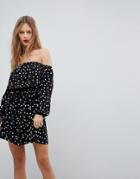Asos Bardot Long Sleeve Mini Skater Dress In Polka Dot - Multi