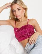 Miss Selfridge Sleeveless Sequin Cami Top In Bright Pink-silver