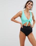 Asos Tie Front Cut Out Swimsuit - Green