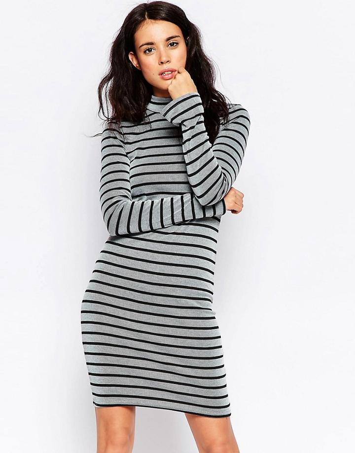 Ichi High Neck Striped Bodycon Dress - Black