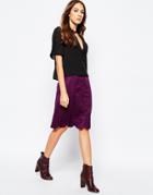 Neon Rose Button Through Midi Skirt With Scallop Hem - Purple