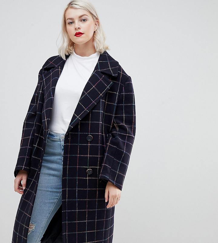 Asos Design Curve Rainbow Check Coat - Multi