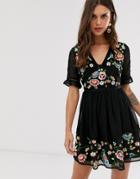 Asos Design Embroidered Mini Dress With Lace Trims
