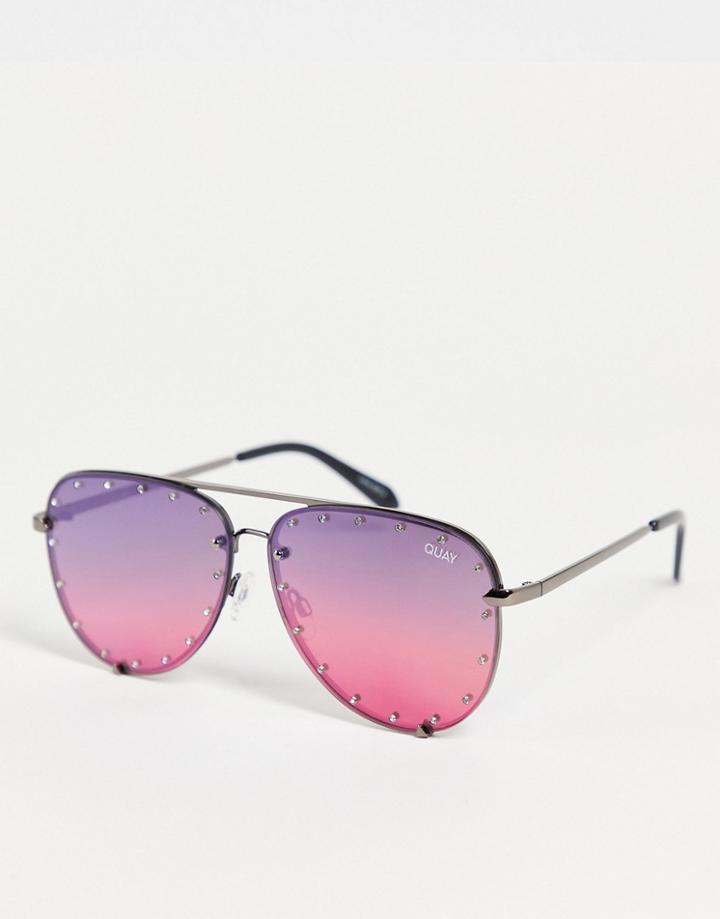 Quay High Key Rhinestone Womens Aviator Sunglasses In Purple